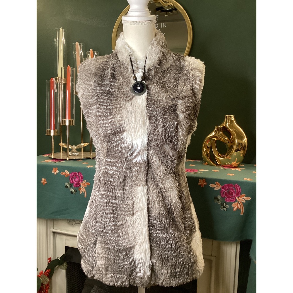 Cabi Marbled‎ Faux Fur Vest Grey Cream Zip Front Funnel Neck Style 3179 XS